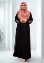 "Stylish, loose-fitting borkha made of BMW fabric with stone work and side embroidery for ladies of all ages."