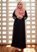 "Stylish, loose-fitting borkha made of BMW fabric with stone work and side embroidery for ladies of all ages."