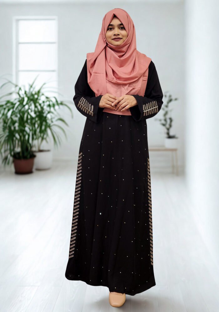 "Stylish, loose-fitting borkha made of BMW fabric with stone work and side embroidery for ladies of all ages."