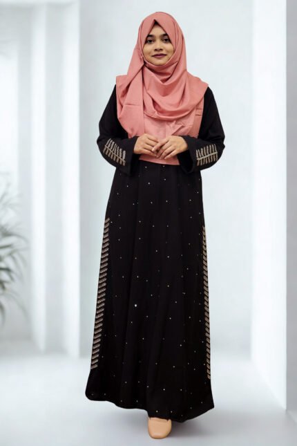 Best Stylish Abaya Borka Hijab Gown Online Shop Clothing Store in BD 20 "Stylish, loose-fitting borkha made of BMW fabric with stone work and side embroidery for ladies of all ages."