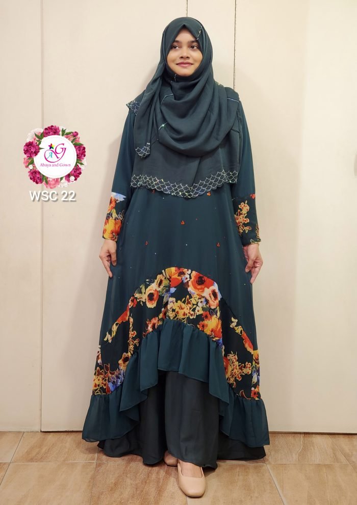 Image of blue double part gown with floral design by Abaya and Gown