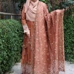Image of Light Brown Gown Orna with stoned floral design by Abaya and Gown