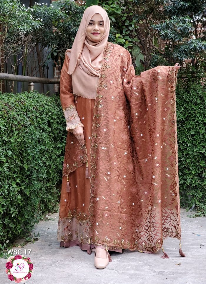 Image of Light Brown Gown Orna with stoned floral design by Abaya and Gown
