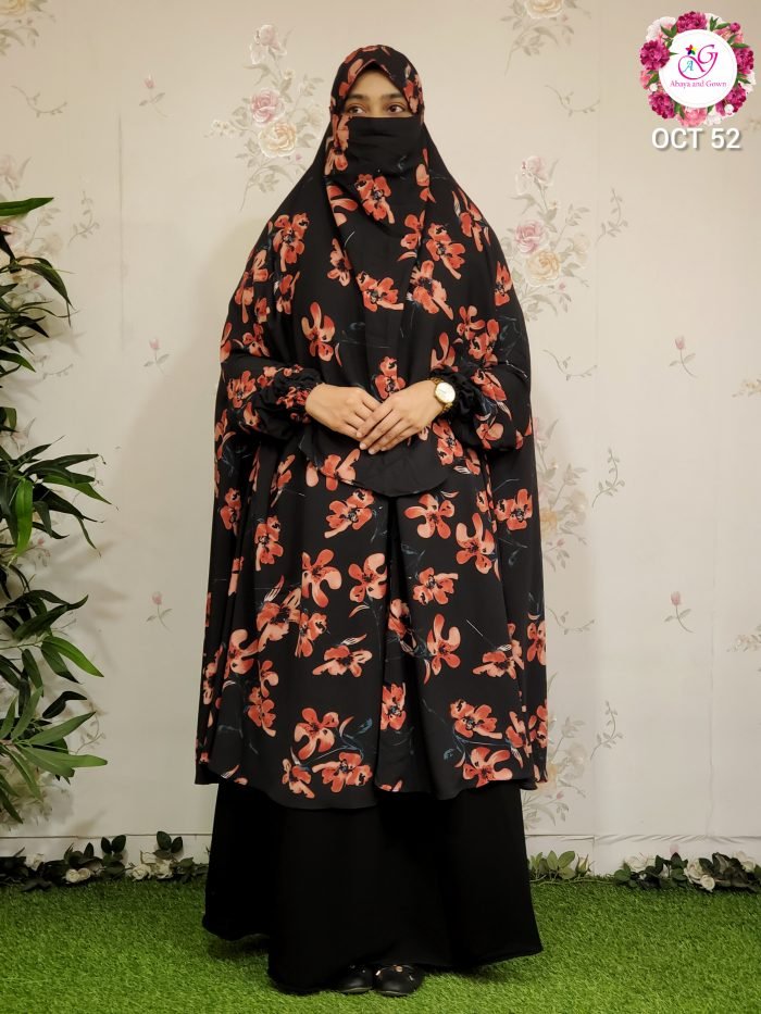 Image of Free Size Black Crepe Khimar with Floral Design by Abaya and Gown