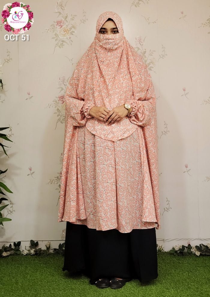 Image of Free Size Designer Pink crepe Khimar by Abaya and Gown