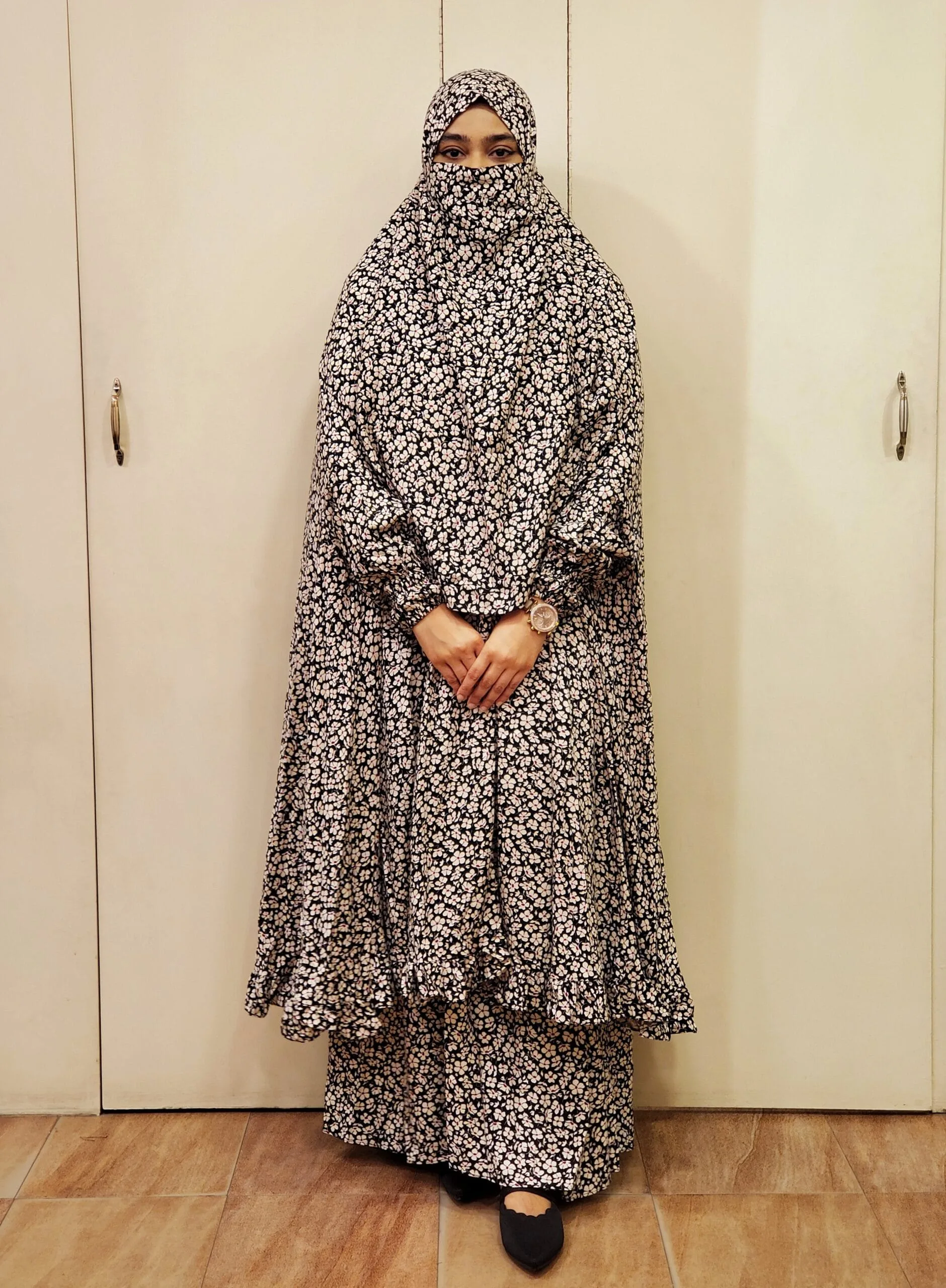 Image of black floral design khimar