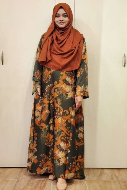 Image of Dubai Silk Fabric Dark Olive Print Poket Borkha