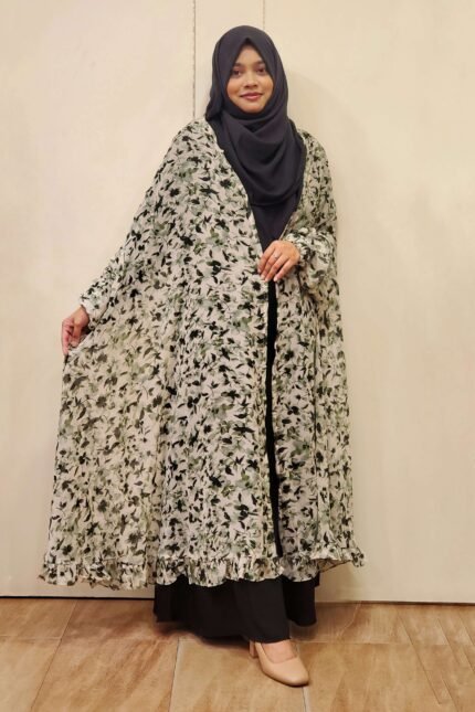 Free size Cape.Semi-transparent soft georgette print. The bottom will be cut in front like a Khimar cape. There is a frill at the bottom.