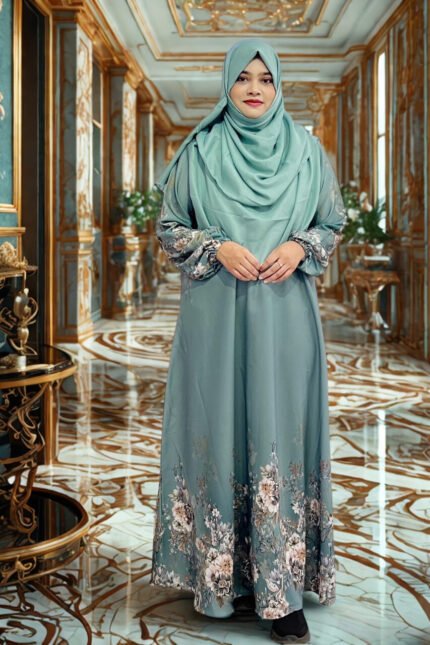 lightweight and classy design. Dubai silk gown, printed at top and bottom.