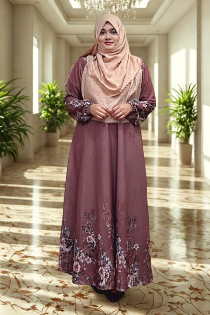 One-part printed gown made of soft Dubai silk with print on top, bottom, and sleeves