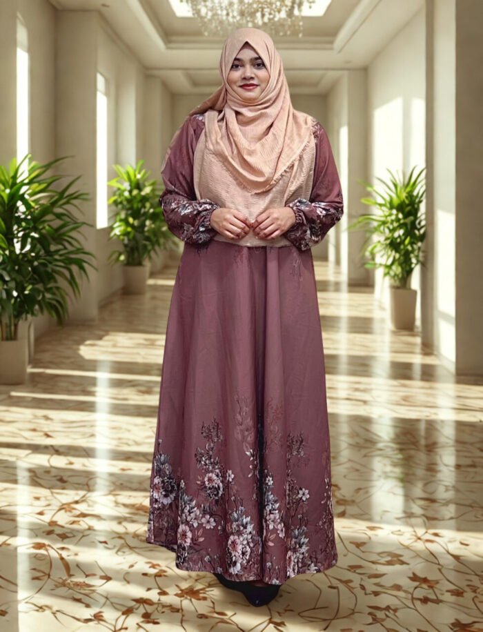 One-part printed gown made of soft Dubai silk with print on top, bottom, and sleeves
