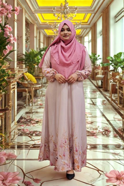 “Dubai silk printed gown, printed at top and bottom, lightweight and classy design”