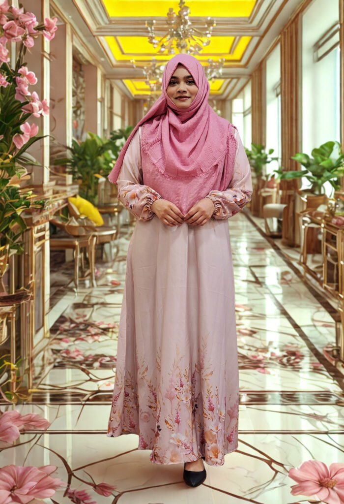 “Dubai silk printed gown, printed at top and bottom, lightweight and classy design”