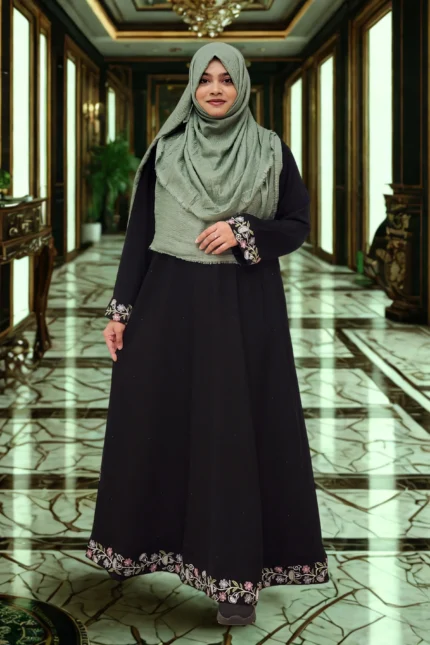 "Black BMW embroidered Borkha with elegant hand and bottom embroidery"