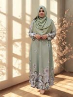 One-cut Dubai Georgette fabric gown with a printed top bottom and sleeves.