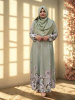 One-cut Dubai Georgette fabric gown with a printed top bottom and sleeves.