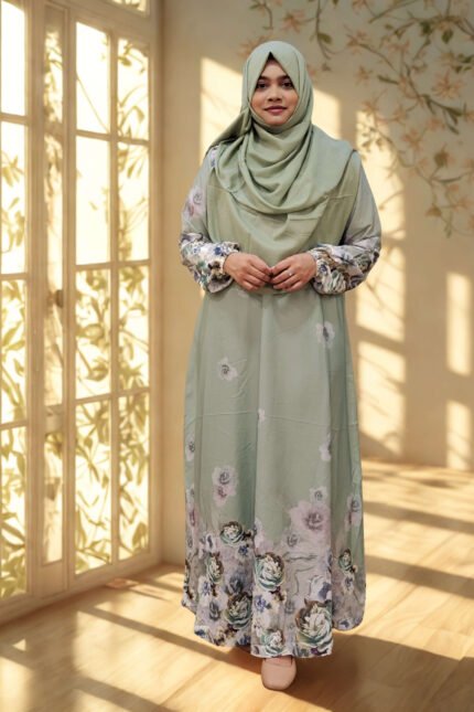 Best Stylish Abaya Borka Hijab Gown Online Shop Clothing Store in BD 1 One-cut Dubai Georgette fabric gown with a printed top bottom and sleeves.