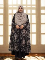 New free-size fusion cape for women in soft, transparent georgette print with a khimar-style front cut.