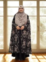 New free-size fusion cape for women in soft, transparent georgette print with a khimar-style front cut.