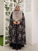 New free-size fusion cape for women in soft, transparent georgette print with a khimar-style front cut.