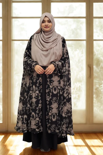Cart - Abaya and Gown 14 New free-size fusion cape for women in soft, transparent georgette print with a khimar-style front cut.