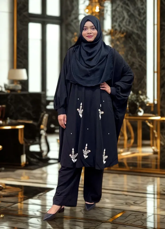 Exclusive Free Size Stylish Modest Co-Ord Set Frilled Cape with Matching Pant.