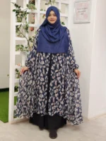 New free-size fusion cape for women in soft, transparent georgette print with a khimar-style front cut.