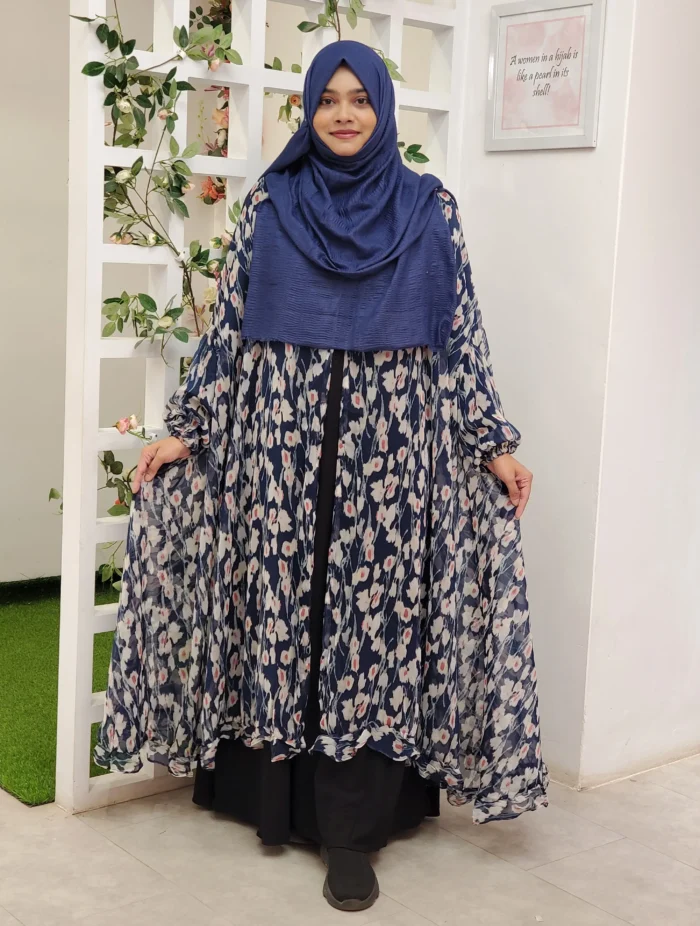 New free-size fusion cape for women in soft, transparent georgette print with a khimar-style front cut.