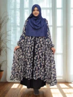 New free-size fusion cape for women in soft, transparent georgette print with a khimar-style front cut.