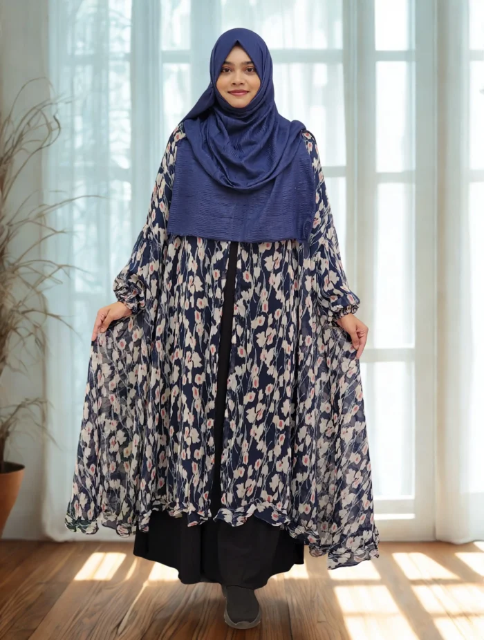 New free-size fusion cape for women in soft, transparent georgette print with a khimar-style front cut.