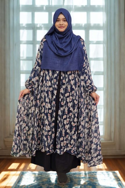 Cart - Abaya and Gown 10 New free-size fusion cape for women in soft, transparent georgette print with a khimar-style front cut.