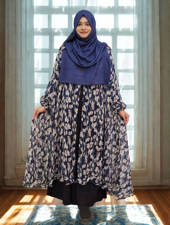New free-size fusion cape for women in soft, transparent georgette print with a khimar-style front cut.