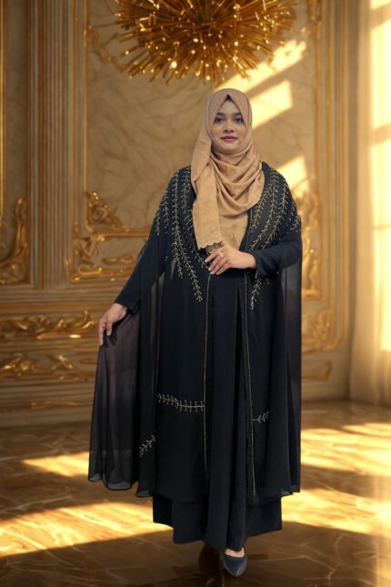 Cart - Abaya and Gown 2 Soft, transparent georgette black cape with a full embroidery design.