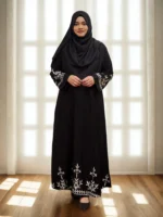 Elegant black borkha with white embroidery design made from soft BMW fabric