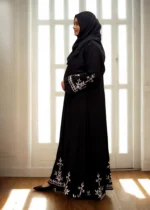 Elegant black borkha with white embroidery design made from soft BMW fabric