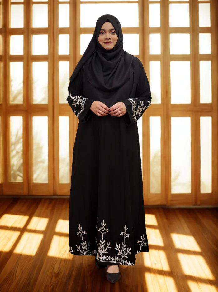 Elegant black borkha with white embroidery design made from soft BMW fabric