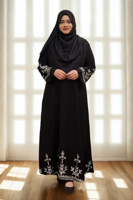 Elegant black borkha with white embroidery design made from soft BMW fabric