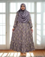 Elegant modest gown with beautiful print and lightweight fabric for everyday wear
