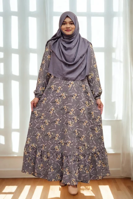 Elegant modest gown with beautiful print and lightweight fabric for everyday wear