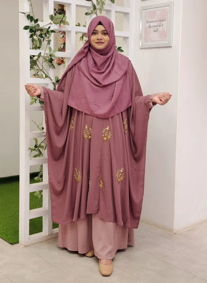 One free size Karchupi bordered cape in Dubai Cherry non-transparent fabric.