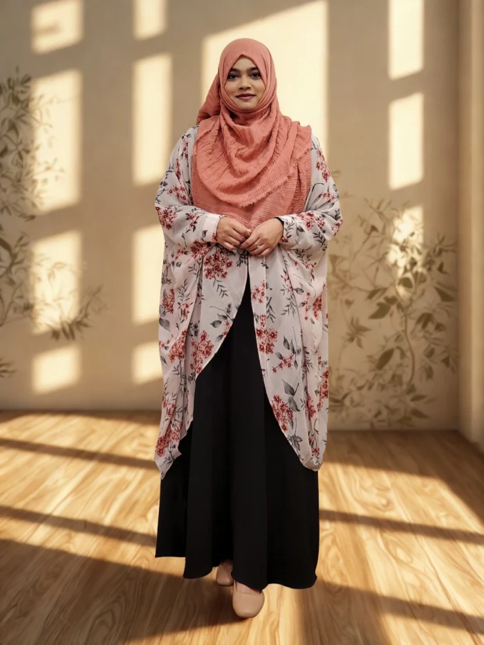 A lightweight, daily-wear cape with a locked side profile for a modest look