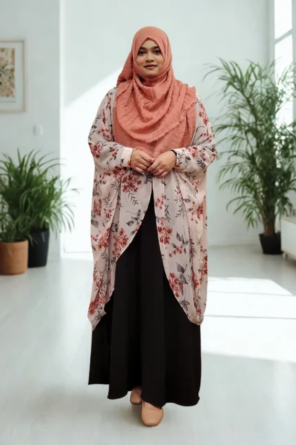 A lightweight, daily-wear cape with a locked side profile for a modest look