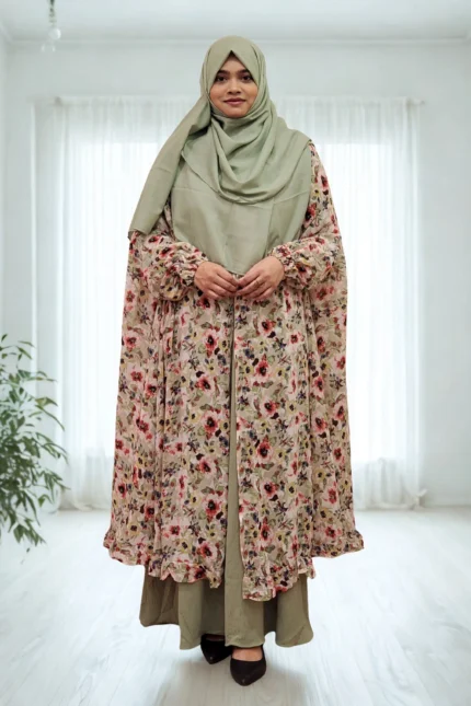 Elegant semi-transparent georgette fusion cape with frill detail at the bottom.