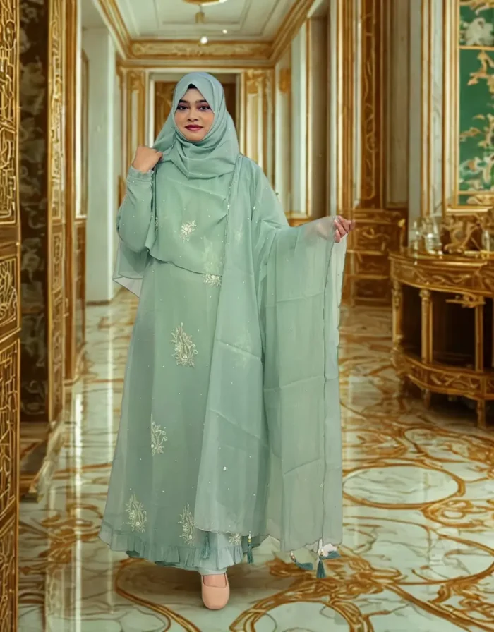 Elegant Korean crepe tissue gown with a matching embroidered hijab and veil.
