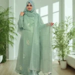 Elegant Korean crepe tissue gown with a matching embroidered hijab and veil.