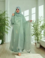 Elegant Korean crepe tissue gown with a matching embroidered hijab and veil.