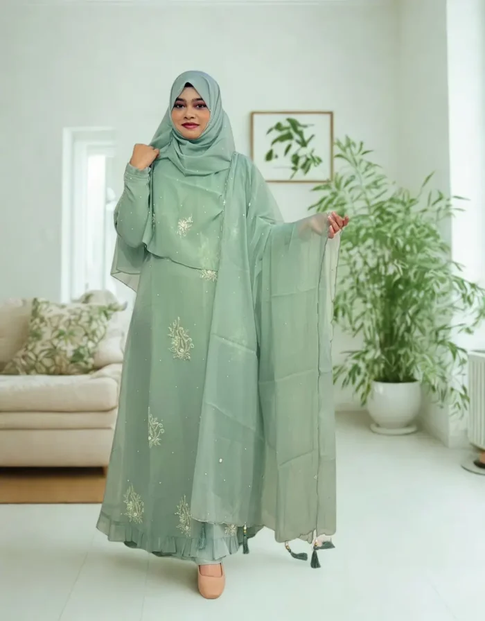 Elegant Korean crepe tissue gown with a matching embroidered hijab and veil.
