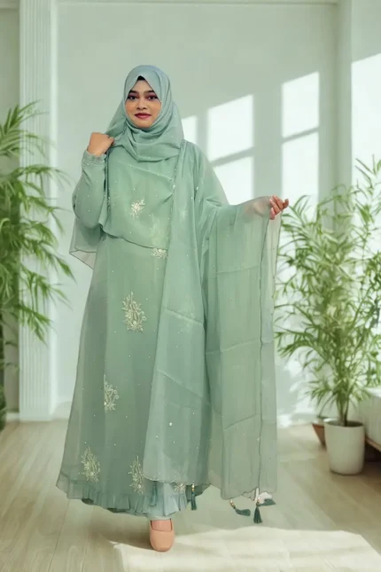 Best Stylish Abaya Borka Hijab Gown Online Shop Clothing Store in BD 4 Elegant Korean crepe tissue gown with a matching embroidered hijab and veil.