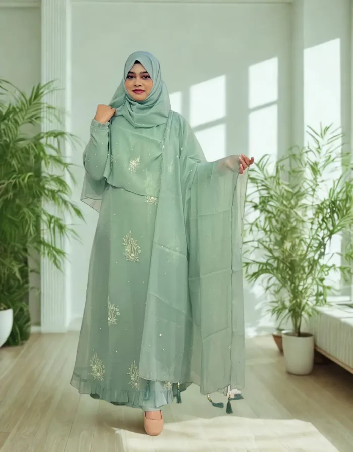 Elegant Korean crepe tissue gown with a matching embroidered hijab and veil.