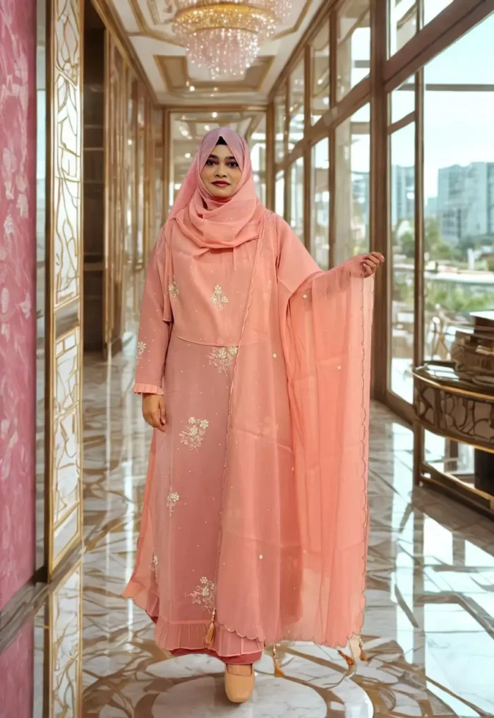 Elegant Korean crepe tissue gown with a diamond georgette inner layer, a veil, and a hijab.
